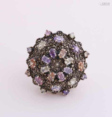 Big silver ring, 835/000, with color stones. Ring engaged with a large flower-shaped head with a
