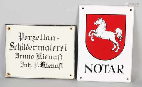 Two old / antique signs. Germany. One time enamel, Notar, circa 1960 - 1970. One time porcelain