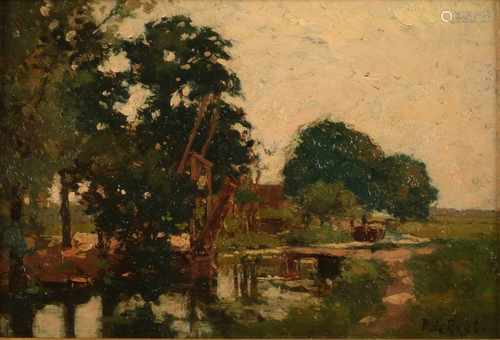 Pieter de Regt. 1877-1960. River view with drawbridge. Oil paint. Size: 20 x H B 28 cm. In good