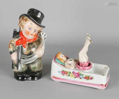 Twice antique porcelain. One time erotic ashtray with wife (moving legs), good. One times