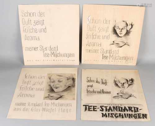 Four old German advertising design drawn on paper. Include: Standard Tee Mischungen. Size: 35 x H, B