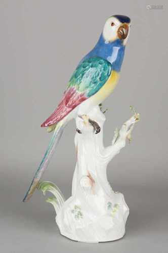 Large antique Meissen porcelain parrot. Branches and tail restored branch foil. Circa 1940.