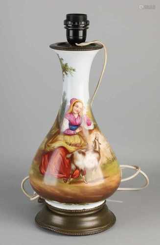 Antique porcelain hand-painted 19th century French cap with brass. Woman with goat in landscape.