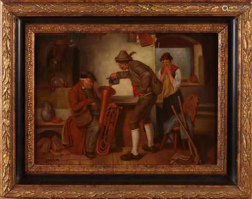 H. Krauz. 21st century. German interior inn figures. Oil paint on panel. Size: 30 x H, B 40 cm. In