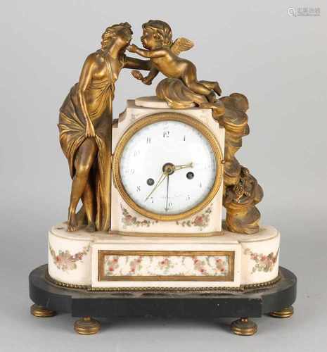 French Louis XVI marble mantel clock with date and gilt bronze figure. With original floral marble