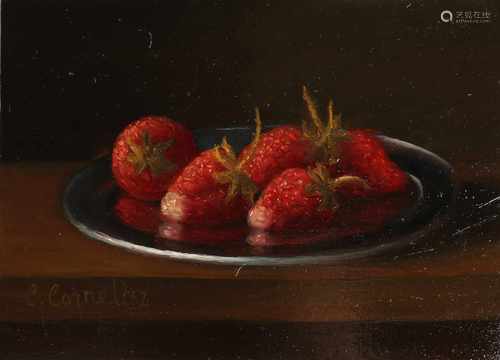 C. Cornelisz. 21st century. Still life with strawberries on pewter plate. Oil paint on panel.