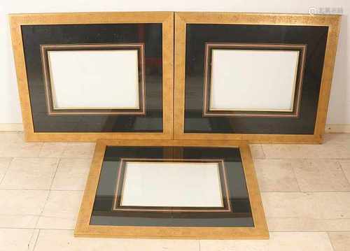 Three old golden frames matted + glass. Size: 83 x 96 cm H. In good condition.