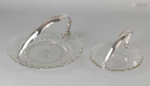 Two crystal bowls with silver, 833/000. Large scale production with a pear-shaped grinding work, and