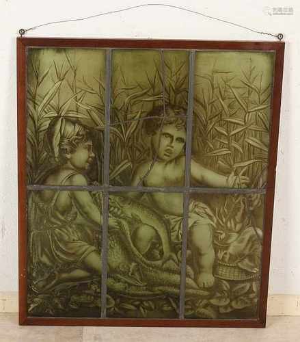 19th Century stained glass leaded window with children and fish decor. Older restoration. Size: 58 x