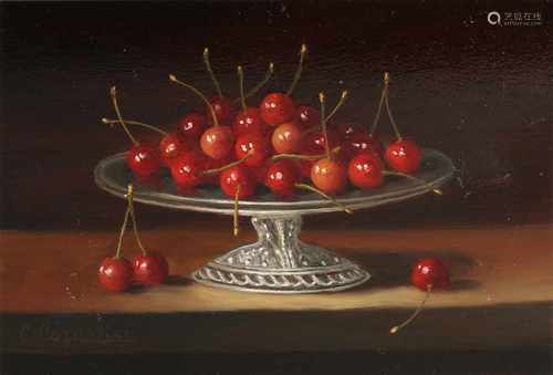 C. Cornelisz. 21st century. Still with cherries to scale. Oil paint on panel. Size: 13 x H, B 18 cm.