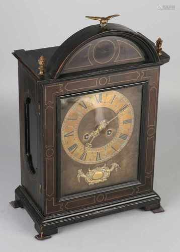 19th Century French table clock. Religious type. With mahogany clock case and copper inlays. Circa