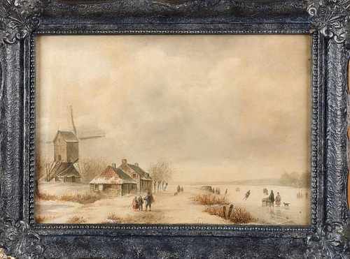 Unclear signed. Dutch School. 19th century. Dutch skating. Watercolor on paper. Size: 24 x H, B 34