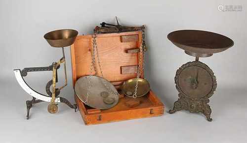 Three antique scales. One time English balance scale in packs, with gilding, W & F Avery Birmingham,