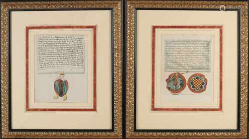 Two 18th century hand-colored engravings with Latin texts and weapons. Cera Fusa, Basere sculpt.