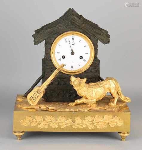 Rare French Empire ormolu bronze mantel clock. Circa 1810. Wolf at woodshed. Mandolin not original