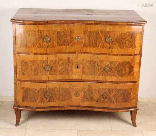 18th Century German Baroque walnut curved drawers with original locks. Replace batter.