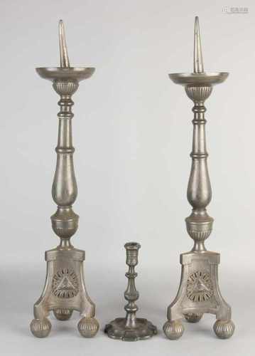 Three antique pewter candle chandeliers. Circa 1800. Twice great Louis Seize. One Baroque times. One