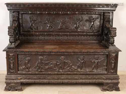 17th Century Italian walnut wood stuck valve bank Renaissance putti, mascaronen (Fratzen) and