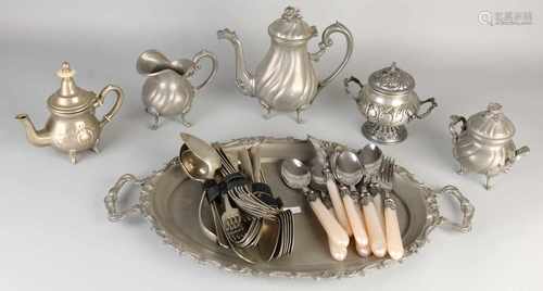 Lot + old tin plated flatware. 20th century. Include: tabelt, coffeepot, teapot, milk / sugar set.