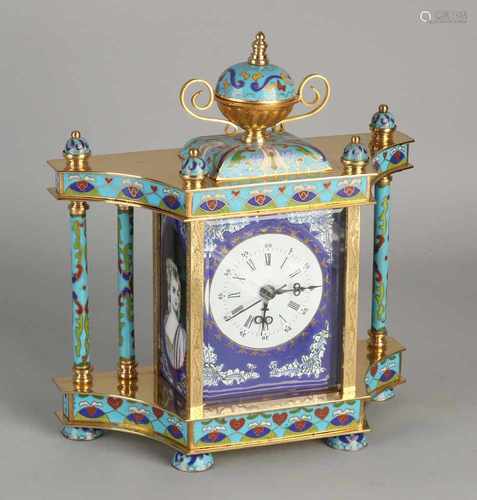 Plated brass cloisonne table clock with mechanical movement and central seconds hand. late 20th