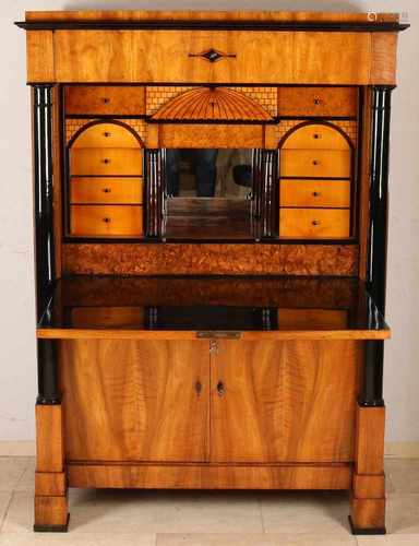 German Biedermeier walnut desk with full columns and marquetry inlaid nest. Recently