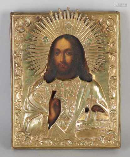 19th Century Russian icon. Christ Pantocrator. Brass rizza. In Petersburg style. Approximately 1880.