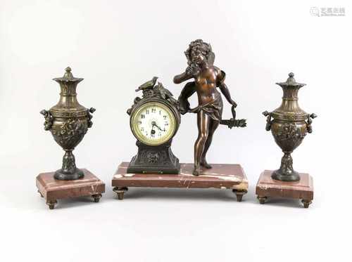 Antique French clocks metal composition couple with marble and forest fairy. Circa 1900. Eight day-