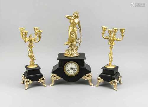 Antique French black marble clock couple. Circa 1900. One damaging marble candlestick. New gold