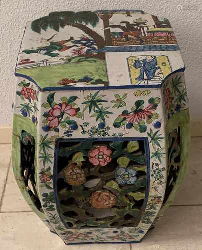 Chinese porcelain openwork stool. Damaged. Size: 44 x 30 x 30 cm. In moderate state.