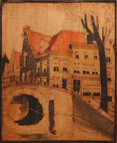 Jan kagie. 1907 - 1991. Woodcut panel of Dutch canal Amsterdam. Mixed media on panel. Size: 24 x