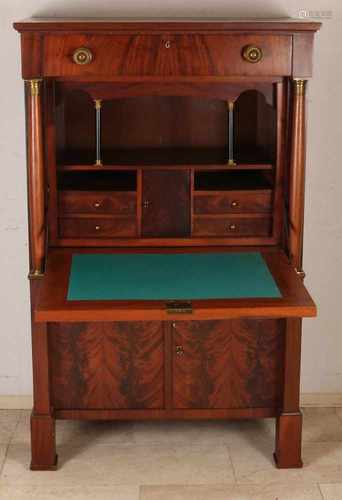 Restored antique mahogany Empire secretary with full columns, brass capi count. Beautiful in life.