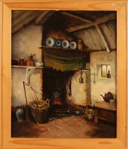 H.J. Nijland. 20th century. Brabant farmhouse kitchen. Oil on linen. Size: B H 50 x 40 cm. In good