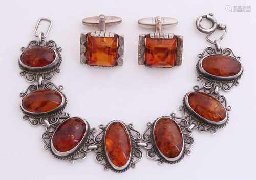 Silver bracelet with amber and cuff, 835/000, bracelet with seven oval links with amber and amber