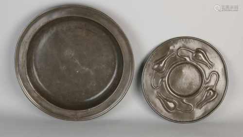 Two parts tin antiques. One time Nouveau tulip sign, circa 1915. One time large pewter dish,