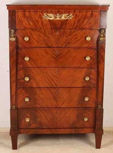 Dutch mahogany Empire chiffoniere with gilded bronze caryatids, original fittings and bronze plaque.