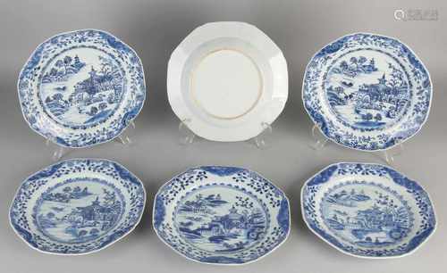 Six 18th century Chinese porcelain Queng Lung octagonal plates with pagodas in landscape decor. A