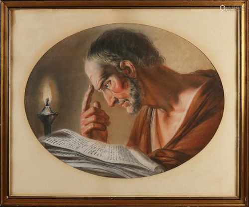 Unsigned. 19th century. Reading man by oil lamp. Pastel on paper. Size: 50 x H, B 60 cm. In good