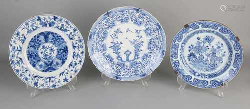 Three antique blue and white Chinese porcelain plates. 18th century. Kang Xi + Queng Lung. Some