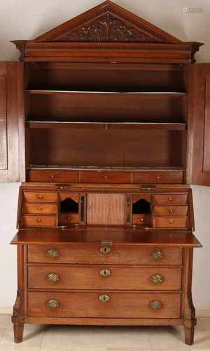 Magnificent 18th century Dutch Drenthe oak writing cabinet. Half-black pillars and original