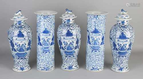 Large 19th century Chinese porcelain five piece garniture with figures on vases decor + four