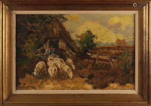 A.J. Gerritsen. Circa 1930. Sheepfold with shepherd and sheep. Oil on linen. Size: 40 x H, B 60