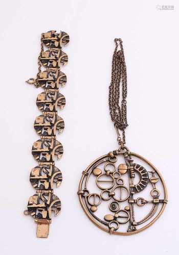 Two bronze jewelry Jorma Laine, a large openwork pendant, 65mm dia, an anchor necklace and a