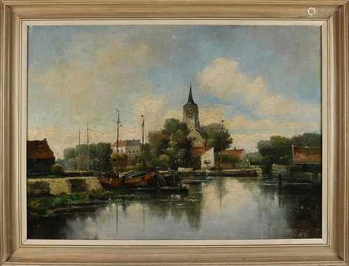 van Santen? Circa 1900. Dutch harbor scene. Oil on linen. Size: 66 x H, B 92 cm. In fair / good