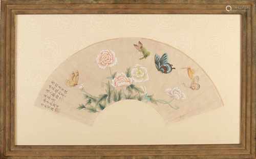 Antique hand-painted Chinese fan with lotus and butterfly decor. Text + signed. Watercolor on paper.