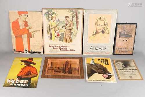 Eight old advertising posters. Comprising: Marco Polo Tee (cardboard), Weber Stumpen tobacco (