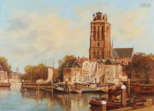 Veronica Avirvarei 21 harbor view of Dordrecht oil on wood, 50x70 cm in good condition.