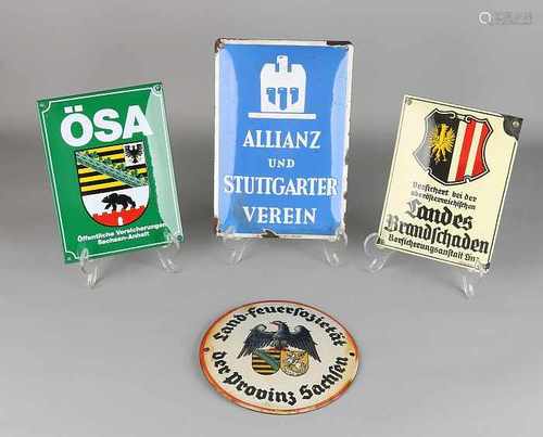 Four enamelled signs. 20th century. Comprising: Landes Brandschaden, Country Feurer Sozietät Saxony,