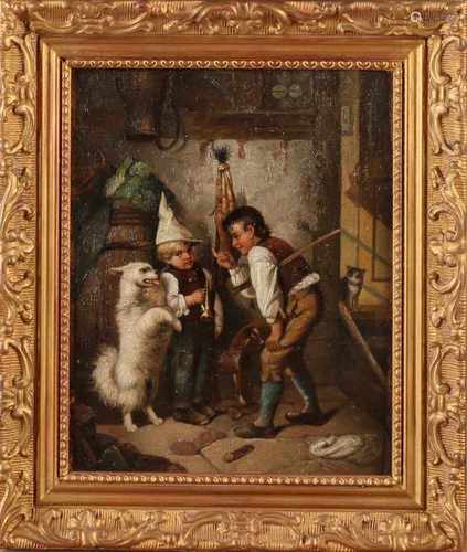 Unsigned. Circa 1900. German School. Children playing with dog. Oil on linen. Size: 26 x H, B 20 cm.