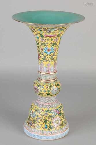 Large Chinese porcelain trumpet-shaped vase with yellow glaze, floral / gold decor. With bottom