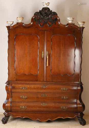 Cool 18th century oak Twente Baroque cabinet with original fittings. Also five Petrus Regout Sana